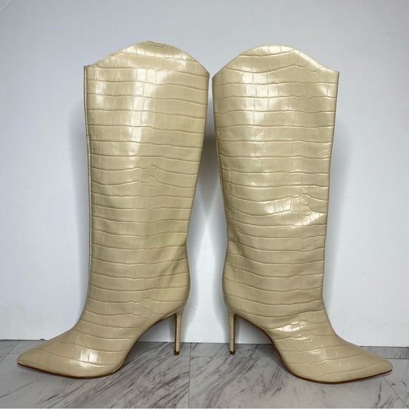 Schutz Maryana Eggshell Crocodile Embossed Leather Tall Heeled Boot 11B - Picture 8 of 16